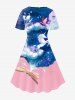 Plus Size Unicorns Printed Colorblock Short Sleeves A Line Dress -  