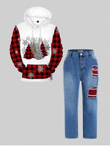 Plus Size Christmas Tree Snowflakes Plaid Flocking Lined Pullover Hoodie and Jeans Outfit - DEEP RED