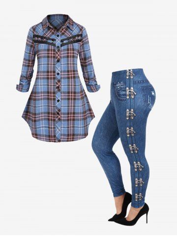 O Ring Plaid Button Up Shirt and 3D Printed Flocking Lined Skinny Leggings Plus Size Outfit - BLUE