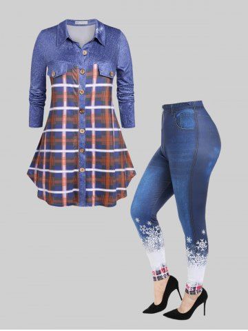 3D Denim Plaid Print Button Up Shirt and Skinny Leggings Plus Size Outfit - BLUE