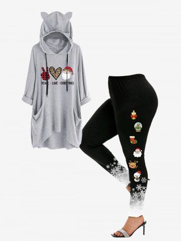 Christmas Heart Santa Claus Print Cat Ear High Low Hoodie and High Rise Christmas Printed Leggings Plus Size Outerwear Outfit - LIGHT GRAY
