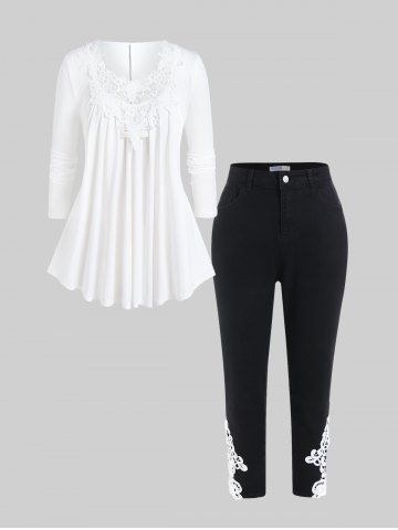 Plus Size Lace Guipure T-shirt and Jeans Outfit - WHITE