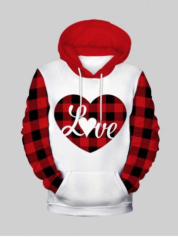 Mens Christmas Checked Heart Graphic Front Pocket Flocking Lined Hoodie - RED - 3XL