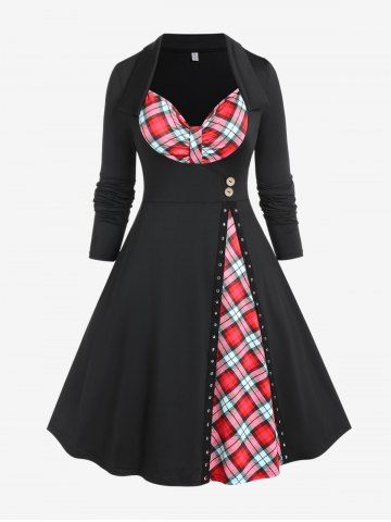 Plus Size Vintage Sweetheart Neck Plaid Grommets Flare Dress