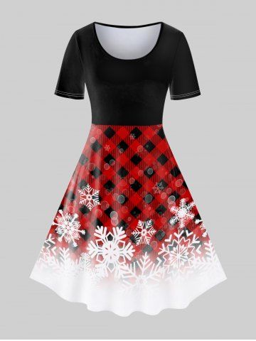 Vestido Navideño Manga Corta a Cuadros Tamaño Grande - DEEP RED - 4X | US 26-28