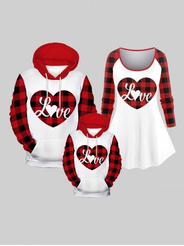 Kids Christmas Checked Heart Graphic Front Pocket Flocking Lined Hoodie