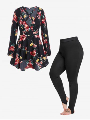 Plunge Floral Print Crisscross High Low Top and Skinny Stirrup Leggings Plus Size Outfit - BLACK