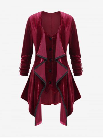 Gothic Draped Buckles Long Sleeves Velvet 2 in 1 Tee - DEEP RED - L | US 12