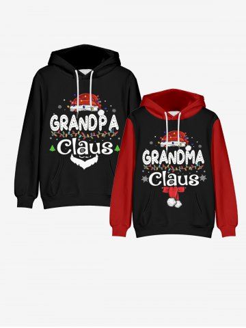 Couple Matching Christmas Hat Letters Printed Front Pocket Pullover Hoodie Outfit - RED