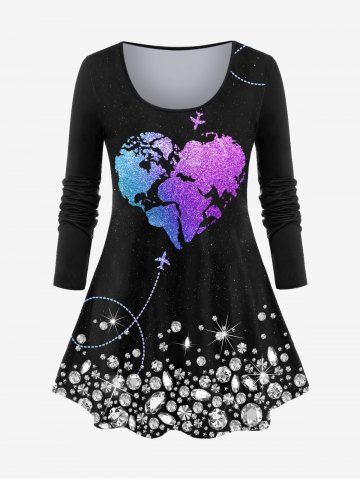 T-shirt à Imprimé 3D Cœur Diamant de Grande Taille à Manches Longues Pour La Saint-Valentin  - PURPLE - 3X | US 22-24