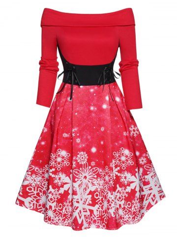 Christmas Off The Shoulder Snowflake Print Foldover Lace Up High Waisted A Line Mini Dress - RED - S