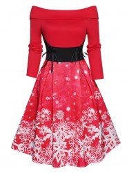 Christmas Off The Shoulder Snowflake Print Foldover Lace Up High Waisted A Line Mini Dress -  