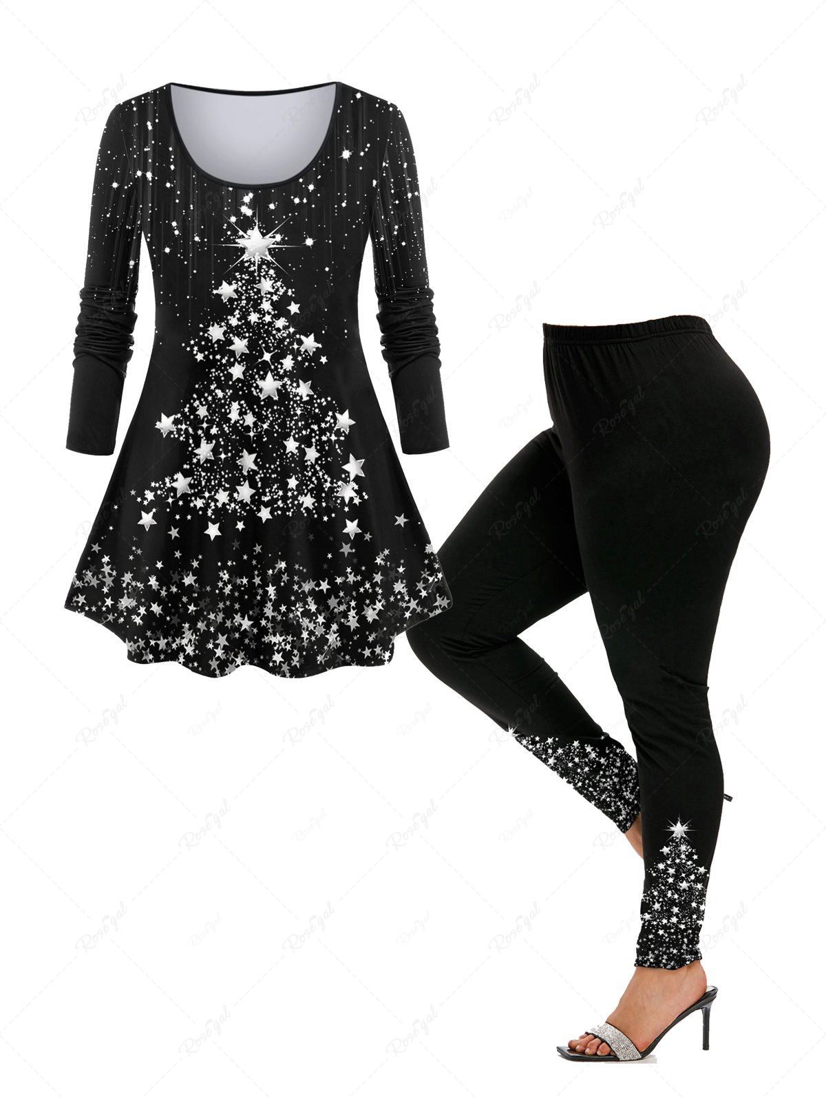 Ensemble de T-Shirt à Imprimé Sapin de Noël et Etoiles et de Legging Grande Taille Noir 