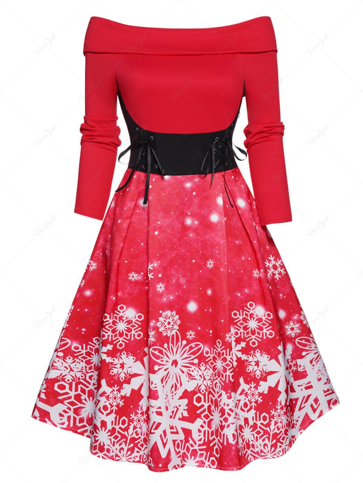 Mini Robe Ligne A Flocon de Neige à Epaule Dénudée à Taille Haute à Lacets Rouge M