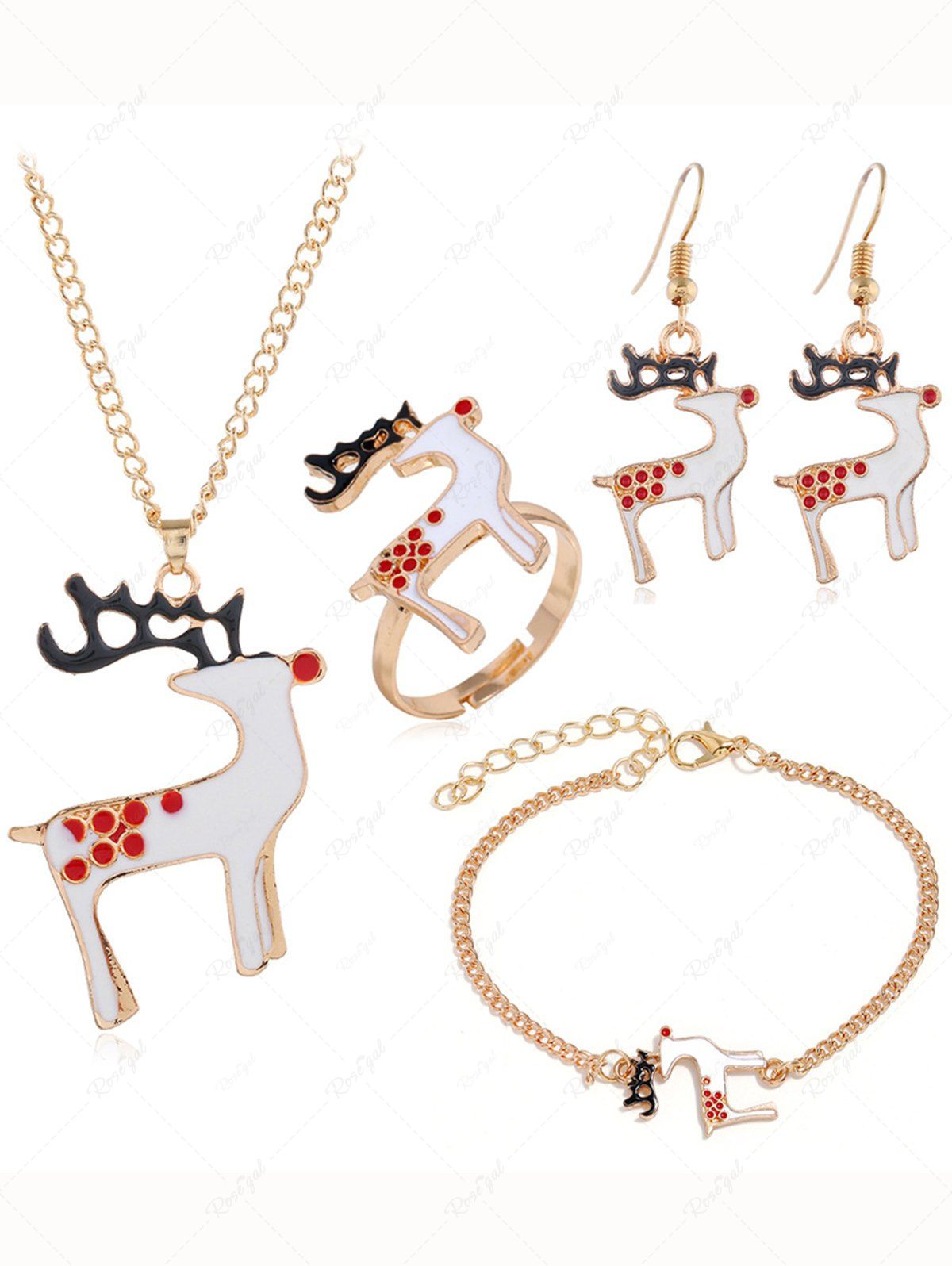Hot 4Pcs Christmas Elk Pendant Necklace Earrings Bracelet Ring Set  