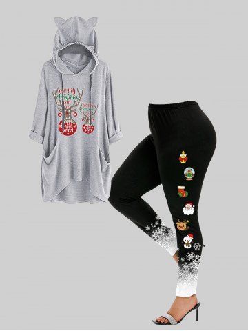 Animal Ear Christmas Elk Print High Low Hoodie and High Rise Christmas Printed Leggings Plus Size Outerwear Outfit - LIGHT GRAY
