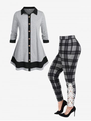 Button Up Bicolor Tunic Shirt and Checked Lace Panel Skinny Pants Plus Size Outfit - GRAY