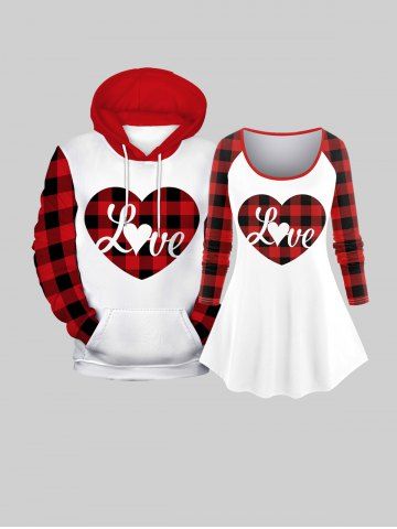 Couples Christmas Checked Heart Lover Graphic Printed Women Tee and Men Hoodie Matching Outfit - RED