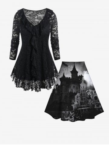 Gothic Ruffled Lace Blouse and Camisole Set and Building Print Skirt Outfit