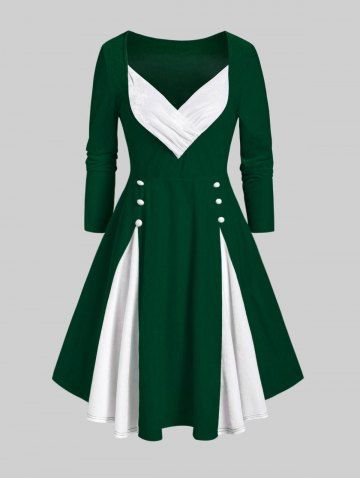 Plus Size Velvet Two Tone Godet A Line Dress - GREEN - L | US 12