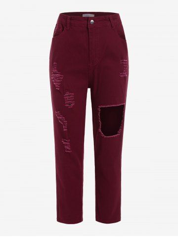 Plus Size High Rise Destroyed Ripped Colored Jeans - DEEP RED - 4X