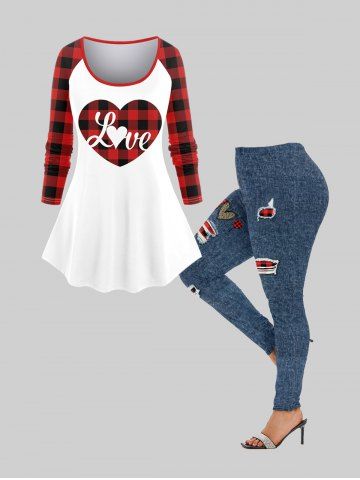 Christmas Checked Love Heart Graphic T-shirt and 3D Printed Leggings Plus Size Outfit - MULTI