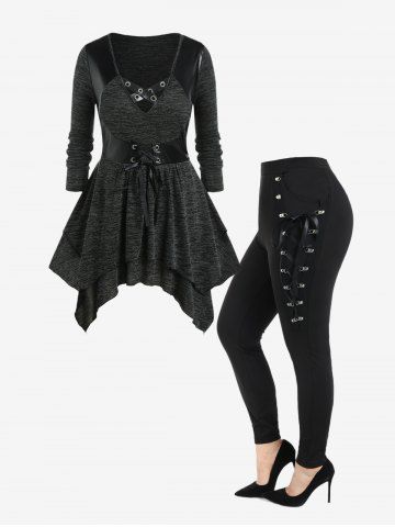 Gothic Faux Leather Panel Lace Up Grommets Handkerchief Tee and Metals High Rise Skinny Pants Outfit - BLACK