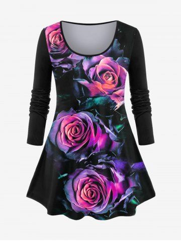 Plus Size Valentines Long Sleeve Rose Print T-shirt - PURPLE - 1X | US 14-16