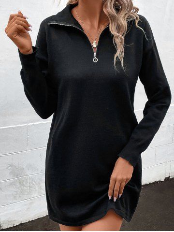 Drop Shoulder Ring Zipper Mini Sweater Dress - BLACK - S