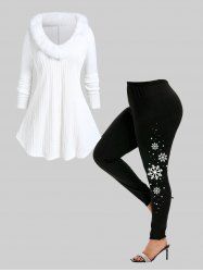 Faux Fur Insert Cable Knit Top and Snowflake Print Leggings Plus Size Outfit -  