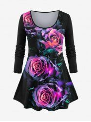 Plus Size Valentines Long Sleeve Rose Print T-shirt -  