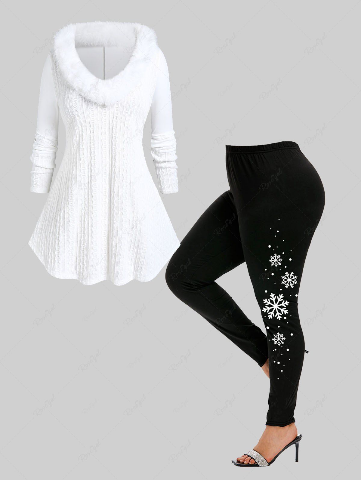 Trendy Faux Fur Insert Cable Knit Top and Snowflake Print Leggings Plus Size Outfit  