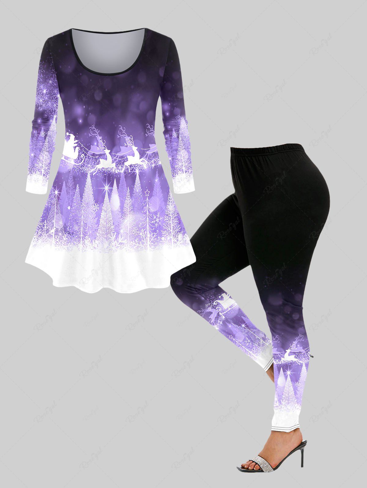 Ensemble de T-shirt à Imprimé Renne de Noël et Legging Grande Taille Pourpre  