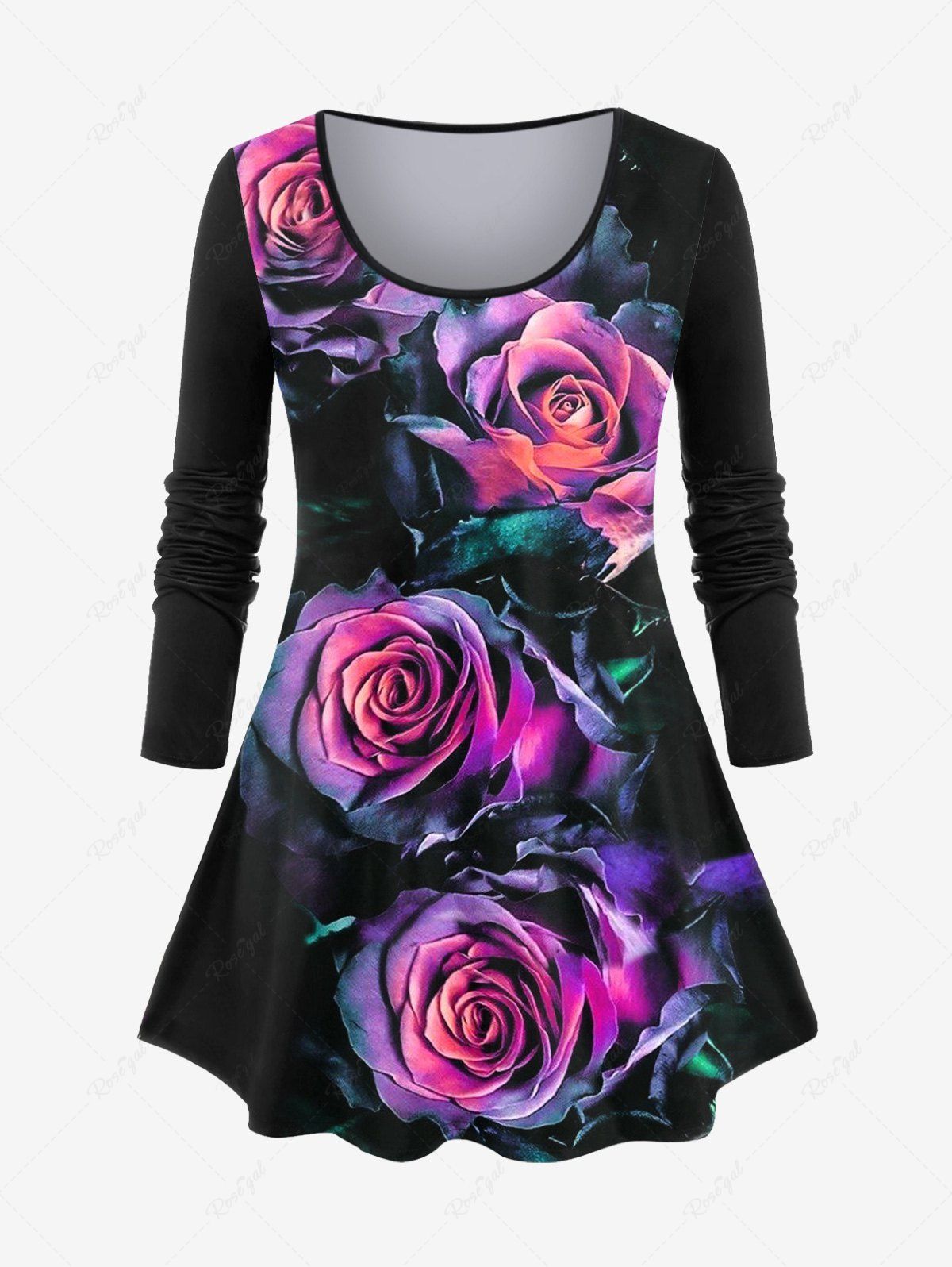 Affordable Plus Size Valentines Long Sleeve Rose Print T-shirt  