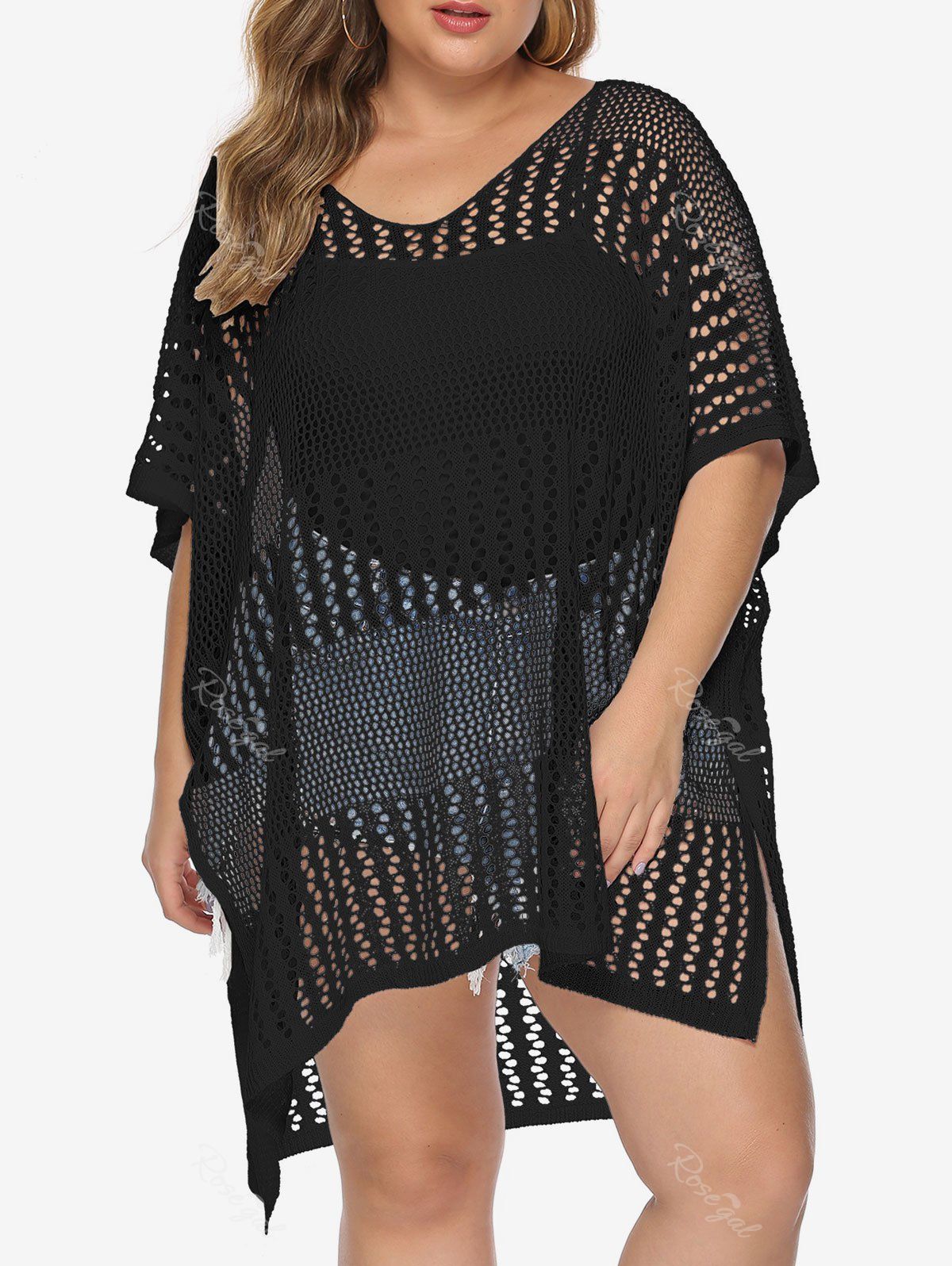 Shop Plus Size Crochet Slit Swimsuit Cover Up Dress  