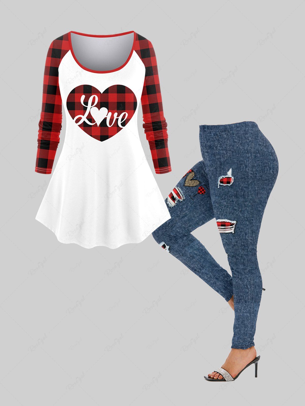Outfit Christmas Checked Love Heart Graphic T-shirt and 3D Printed Leggings Plus Size Outfit  