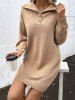Drop Shoulder Turndown Collar Long Sleeve Mini Sweater Dress -  