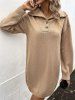Drop Shoulder Turndown Collar Long Sleeve Mini Sweater Dress -  