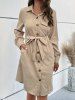 Plain Button Up Belted Mini Shirt Dress -  