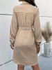 Plain Button Up Belted Mini Shirt Dress -  