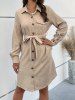 Plain Button Up Belted Mini Shirt Dress -  