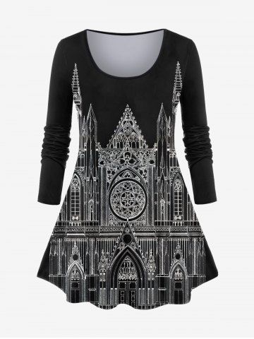 Gothic Building Print Long Sleeve T-shirt - BLACK - 4X | US 26-28