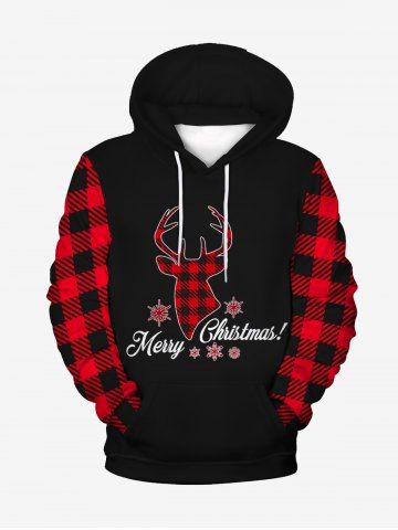 Mens Merry Christmas Elk Printed Plaid Front Pocket Pullover Hoodie - BLACK - XL