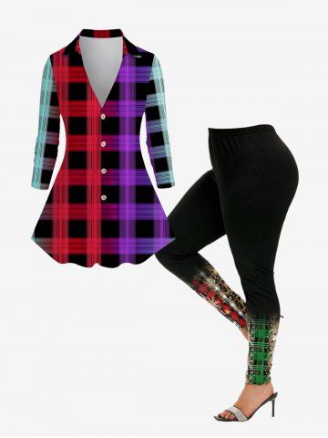Colorful Checked Button Up Shirt and Plaid Leopard Print Leggings Plus Size Christmas Outfit - RED
