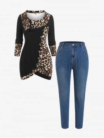 Plus Size Long Sleeve Leopard Print Tulip Hem Tee and Pencil Jeans Outfit - BLACK