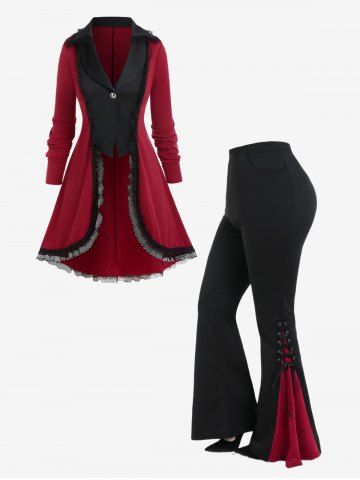 Gothic Lace Trim Two Tone Coat and Lace Up Contrast Godet Hem Flare Pants Outerwear Outfit - RED