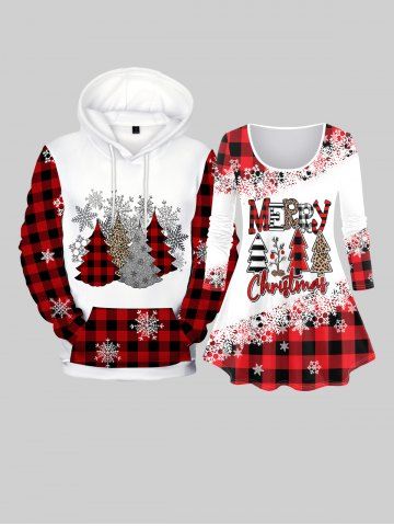 Couple Christmas Snowflake Checked Tree Print Women Tee and Men Hoodie Matching Outfit - RED