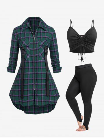 Plaid Lace Up Shacket and Cinched Crop Top and Stirrup Leggings Plus Size Outfit
