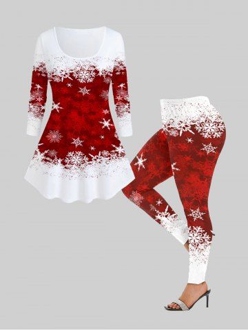 Ensemble de Legging et T-shirt à Imprimé Flocon de Neige de Noël en Blocs de Couleurs Grande Taille - RED