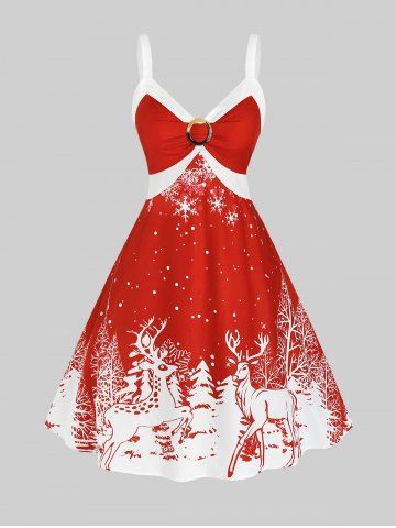 Plus Size Christmas Ring Embellish Elk Snowflake Graphic Dress - RED - L | US 12